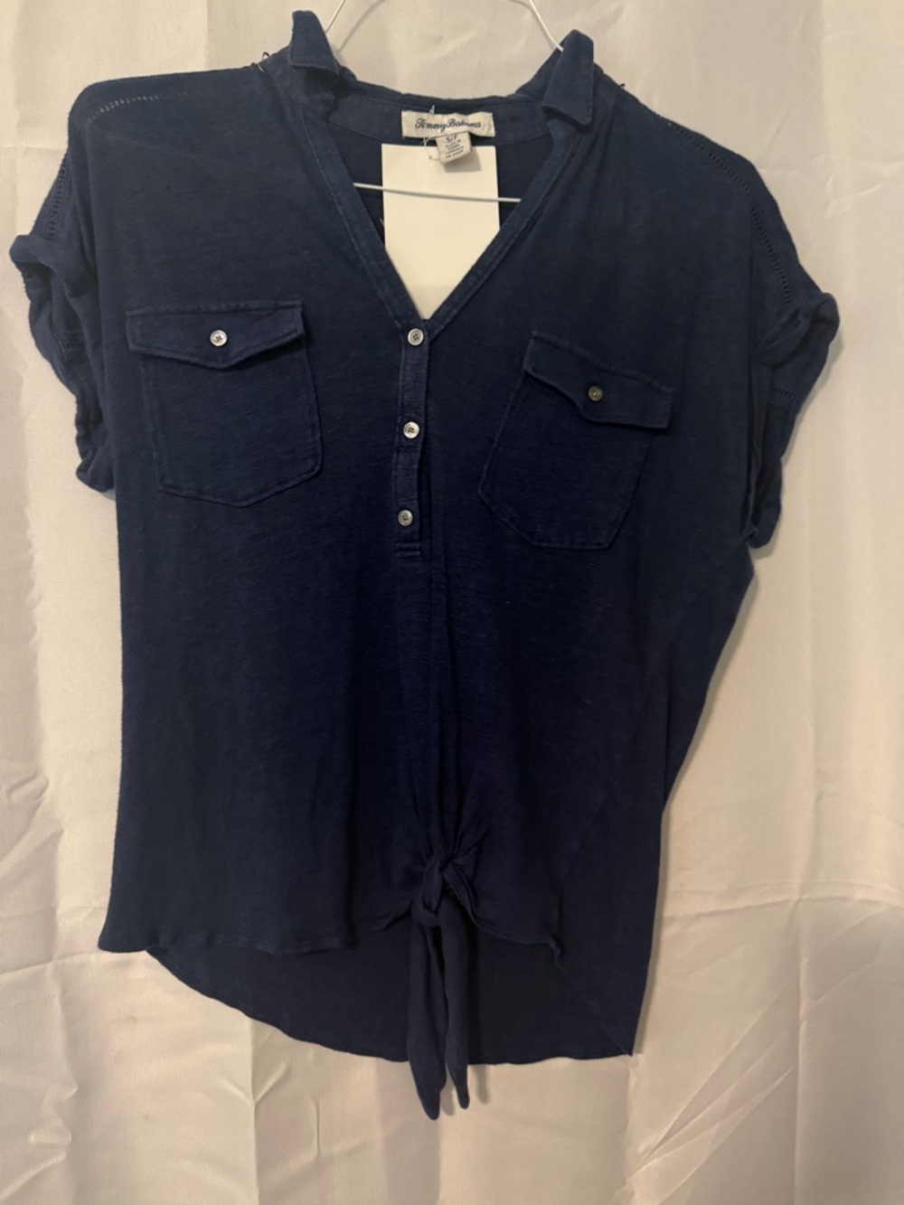 Tommy Bahama Navy Button-Front Tie Hem Short Sleeve Top